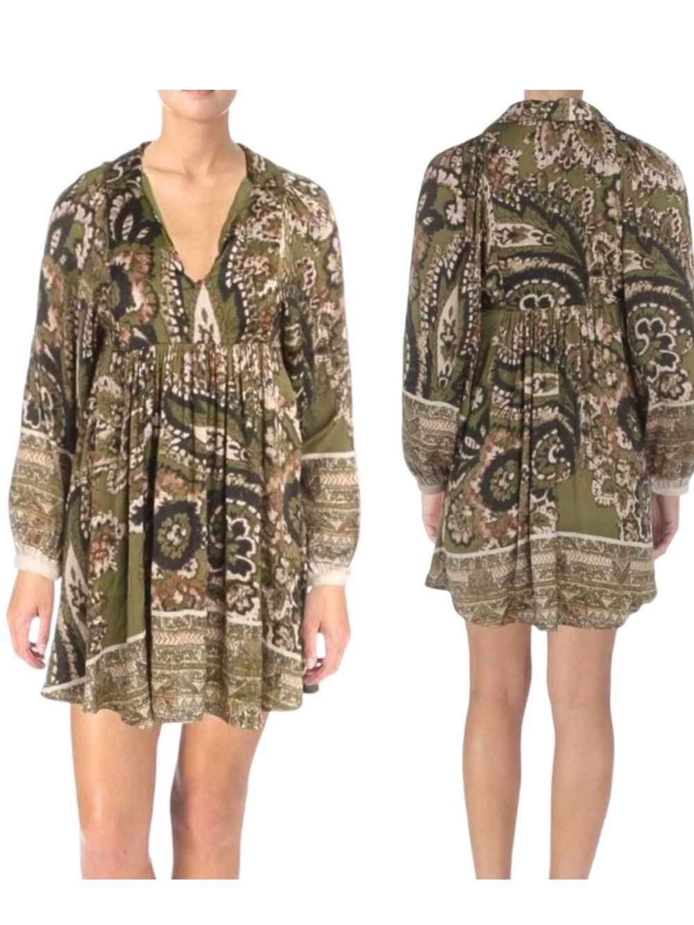 Free People Say You Love Me Boho Olive Green Paisley Tunic Mini Dress